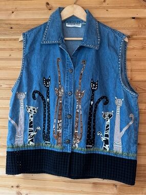 Dress Barn VTG Denim Vest Tall Cats Appliqué 2X Art Teacher Eclectic VTG 90s